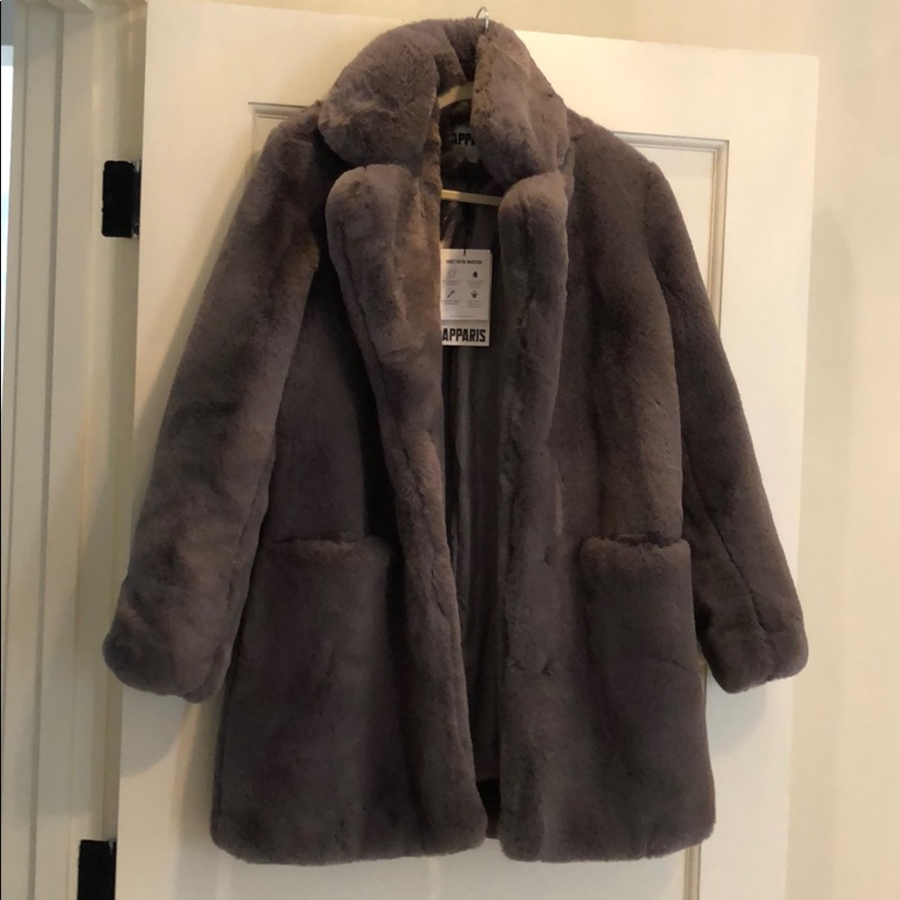 APPARIS Sophie faux fur coat in Carbon Small NWT